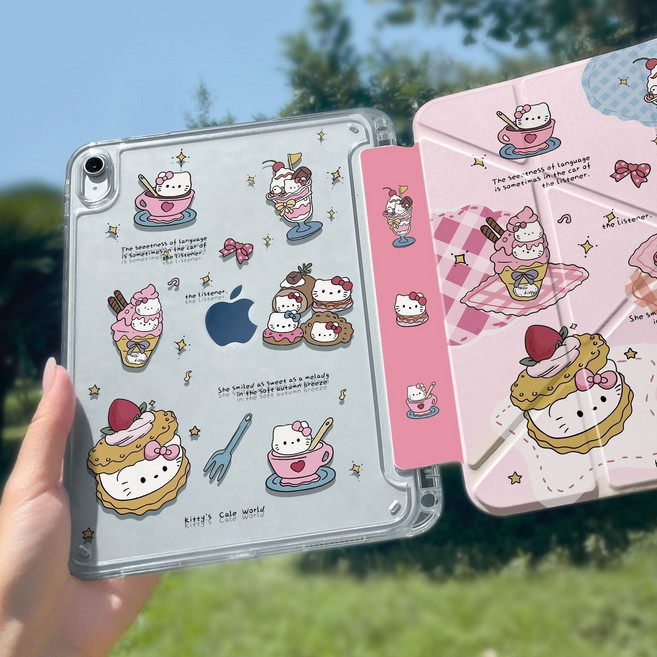 卡通雙面打印iPad保護套 防摔透明全包殼 磁吸支架 附筆槽, 冰淇淋貓咪, 1個
