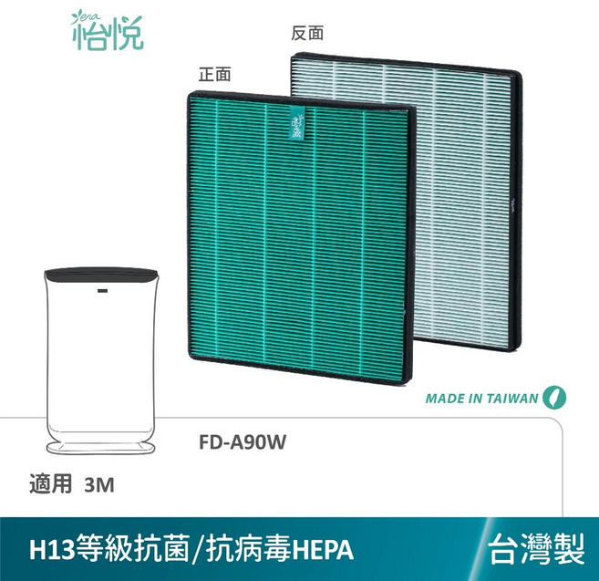 怡悅 適用 3M FD-A90W FAD90W 空氣清淨 除濕機 FD-A90F FD-A90RF, 1個, H13等級抗菌HEPA濾心