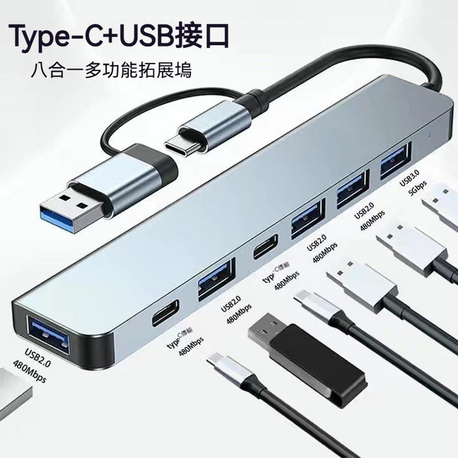 八合一多功能拓展塢 TYPE-C HUB轉接器 八合一 4k HDMI 雙接口 集線器, 1個, 8合二雙頭拓展塢USB+PD+SD, 銀色