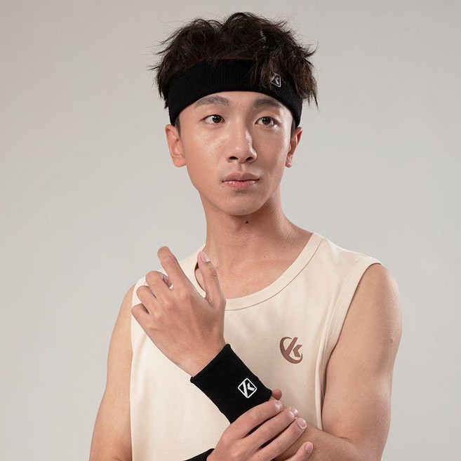 Kawasaki 運動護腕 關節護套 薄款 高彈性 吸汗, 單隻護腕+單隻頭巾吸汗帶 黑, 1個