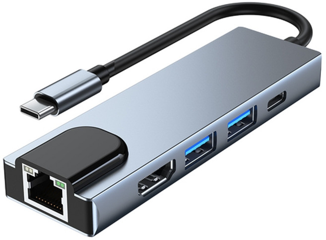 HANQI Type C五合一擴充塢 百兆手機平板筆電多功能USB集線器, 5in1 百兆網路卡, 1個