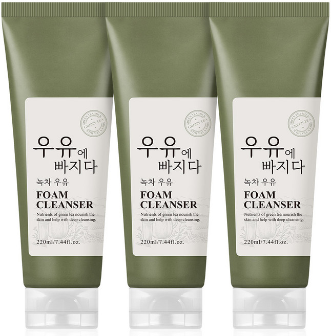 우유에 빠지다 녹차 클렌징폼 수분 대용량 폼클렌징, 3개, 220ml