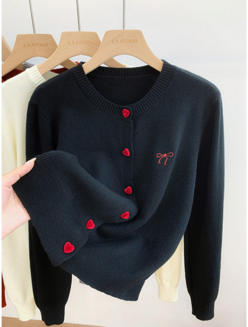 刺繡蝴蝶結長袖針織開衫外套女內搭打底衫毛衣短款上衣服, 黑色, 均碼