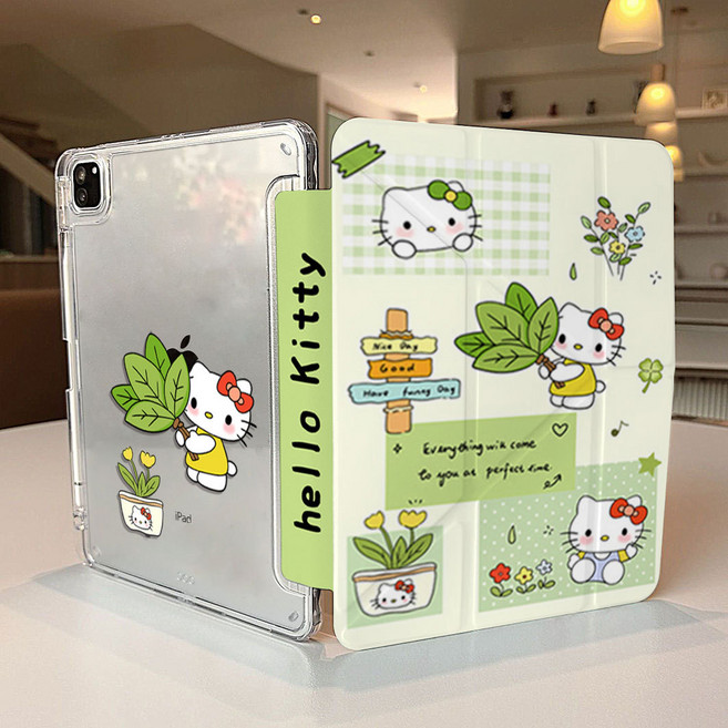 小清新Hello Kitty 防摔保護殼 3+Y折旋轉支架 智能休眠喚醒 附筆槽 平板保護套, 柚葉kt貓, 1個