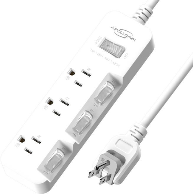 APOLLOAIR電源延長線 獨立開關 180度轉向插頭 過載保護 適用多種場所, 白色, 1個, 1.8m