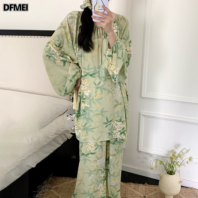 DFMEI 25睡衣女春秋棉綢長袖純色寬鬆200斤家居服夏季薄可外穿睡衣