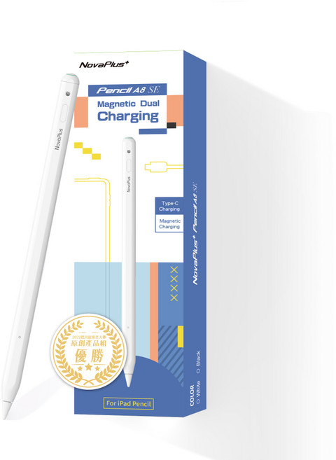 NovaPlus A8SE iPad觸控手寫筆,磁吸充電,即開即寫,傾斜角繪圖, 1個, A8 SE經典白,加購一組AX筆尖(內含4枚耐磨替換筆尖)