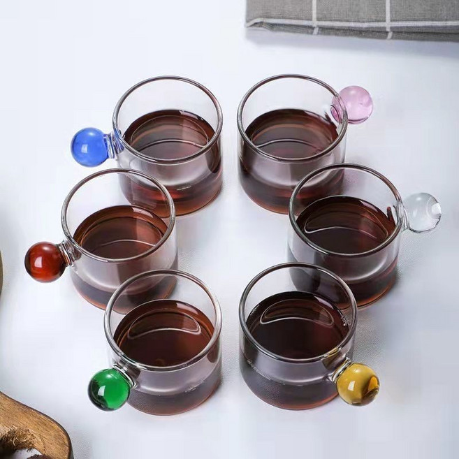 北歐風格圓形把玻璃咖啡杯 小容量茶杯, 1個, 圓球把盃六衹 顔色隨機