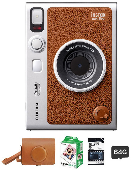 FUJIFILM instax mini Evo 混合式拍立得相機, miniEVO 棕色+20張底片+64G記憶卡+螢幕貼+專用皮套, 1個