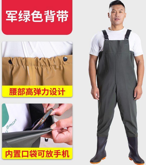 防水下水褲 捕魚釣魚涉水褲 耐磨加厚連體雨褲, 普通綠色60絲揹帶 L6,鞋號43碼, 綠色, 60絲揹帶 L6, 43mm