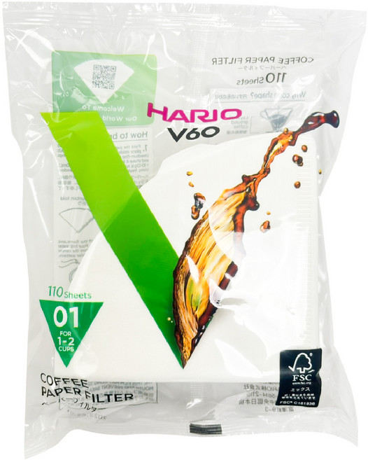 HARIO V60 -日本製, 漂白01濾紙, 110個
