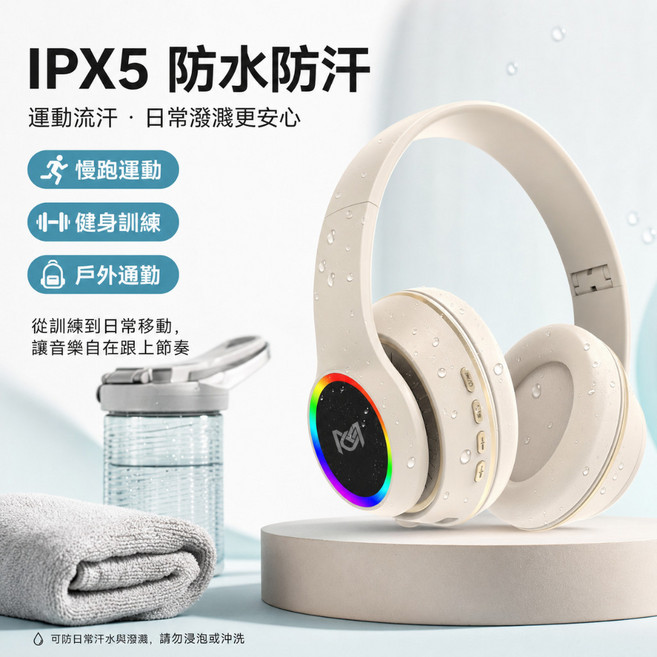 【現貨】耳罩式藍牙耳機 運動防水 IPX5 真無線藍牙5.0 智能抗噪 立體聲 折疊收納 適用於日常通勤與運動, IPX5防水藍牙耳罩耳機-白