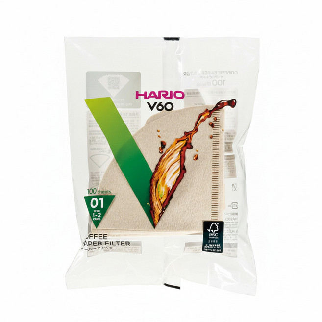 HARIO V60 咖啡濾紙 01 錐形 1-4杯用, 100個, 1包