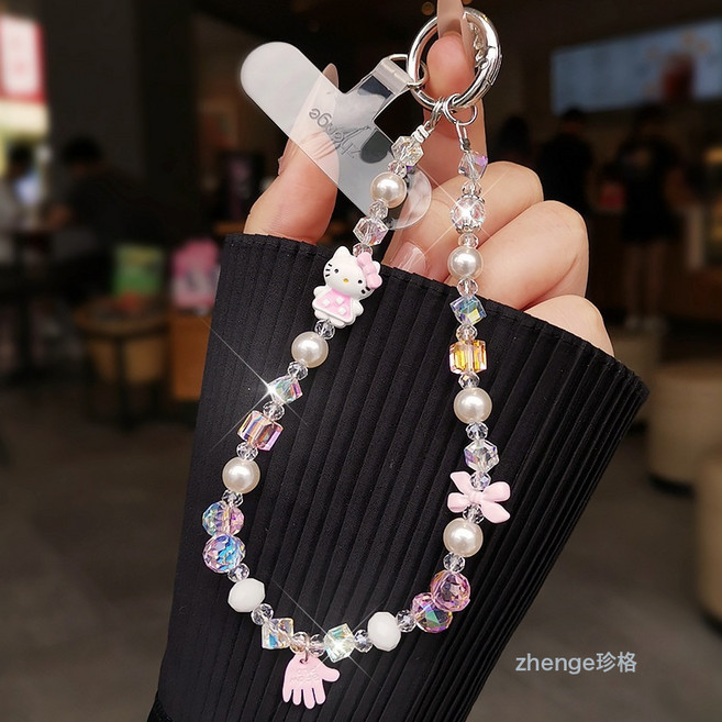 可愛貓咪手機鏈掛件ins卡通小清新串珠吊飾女掛包包鑰匙戶外旅遊, 1個, 粉色-卡通貓咪水晶串珠手鍊+zg透明D扣卡條