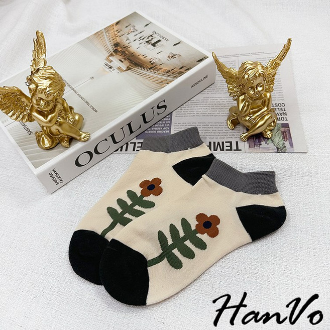 HanVo 文藝風花花短襪 韓系簡約百搭舒適棉質女襪 A12-6192