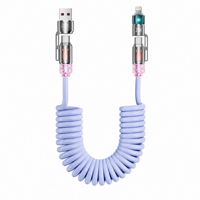 四合一彈簧充電線 2.0M 65W RGB炫彩燈光 適用於 USB-A/Type-C/Lightning, 淺藍, 1個, 2m
