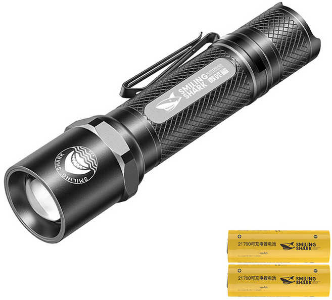 【微笑鯊正品 SD7001 軍規版戰術手電】 手電筒 強光 變焦手電 筆夾手電 露營照明, 2電 黑色 SD-7001, 1個
