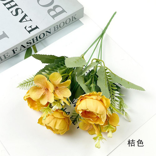 韓式繡球牡丹花束 模擬花藝裝飾 婚禮佈景 家居軟裝 攝影道具, 桔色, 1個