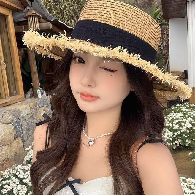 女夏季赫本風大帽簷遮陽草帽