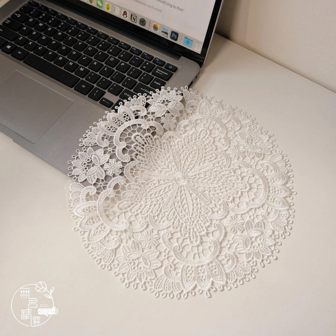 精緻蕾絲 半透明刺繡花卉桌面保護墊 多功能餐墊裝飾墊, 白色/圓形