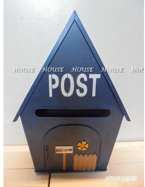 House傢飾館 鄉村風格 復古鐵皮彩繪花朵柵欄POST大屋型門牌信箱 - 5款限量新發售, 藍, 1個