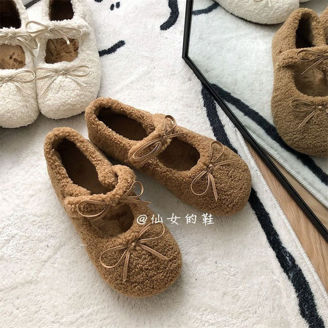 女士加絨毛毛鞋 舒適百搭蝴蝶結單鞋