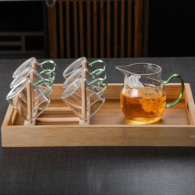 玻璃月牙公道杯茶漏一體分茶器 400ml附6杯1托盤, 1個, 綠把公盃6綠把盃盃架托盤