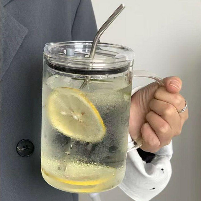 玻璃杯 加厚1L大容量把手玻璃吸管杯耐熱水杯家用喝水杯, 1個, 帶把手杯子+雙飲蓋+不鏽鋼吸管,1L, 1L