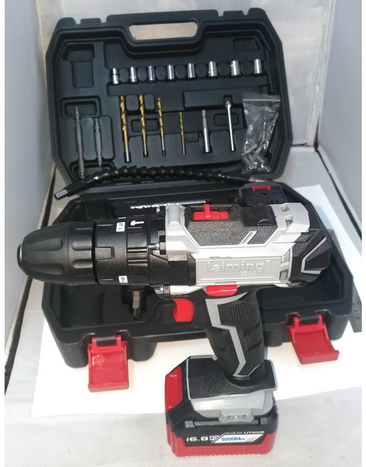 16.8V 無繩充電電鑽 附工具箱、鑽頭套筒組 雙速正反轉, 1個, 雷銘16.8V衝擊鑽_雙電池(外盒損傷)