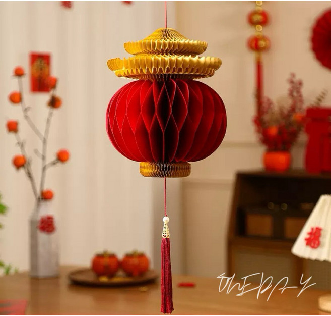 ONEDAY 紙雕植絨蜂巢燈籠,婚慶節慶居家掛飾, 宮廷圓款22.5 x 18.5 cm, 紅色, 宮廷圓款