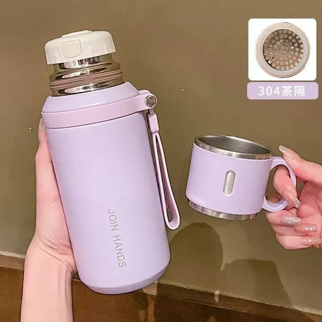 JOIN HANDS 316不鏽鋼保溫杯 600ML 附杯, 紫色600ML 帶濾網帶小蓋 3D貼紙 杯刷, 1個