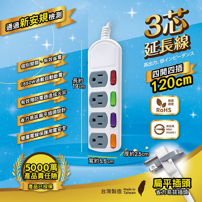 8KS 台灣製造 過載自動斷電延長線 新安規BSMI認證 四開四插(3芯扁平插頭), 四開四插4尺(3芯扁平插頭), 1個, 120cm
