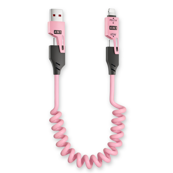4合1彈簧傳輸線 65W USB-A+Type-C Lightning+Type-C, 粉色, 1個, 100cm
