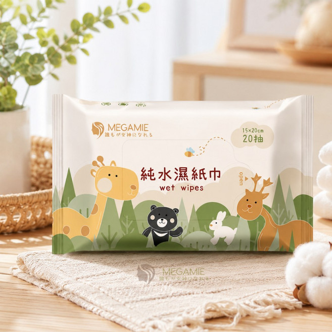 MEGAMIE 純水濕紙巾 20抽 動物園隨身包, 1個, 20張, 105g