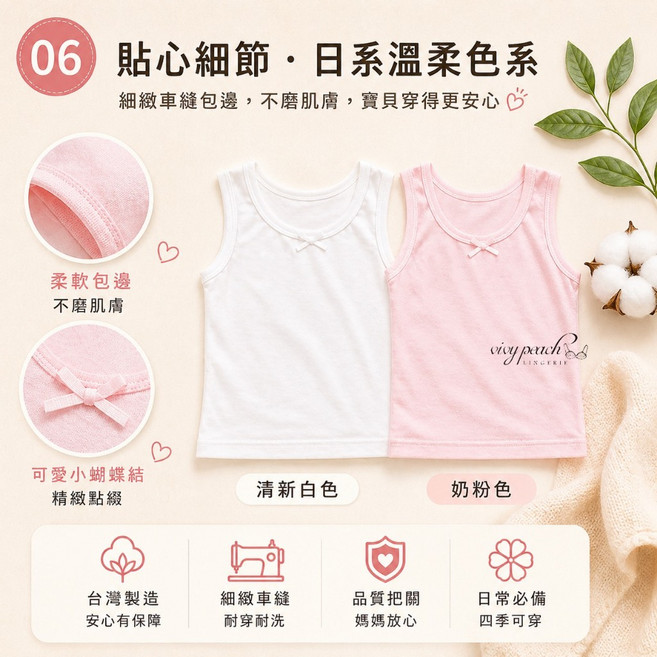 Vivy peach 台灣製 純棉 女童 背心 細緻車縫包邊