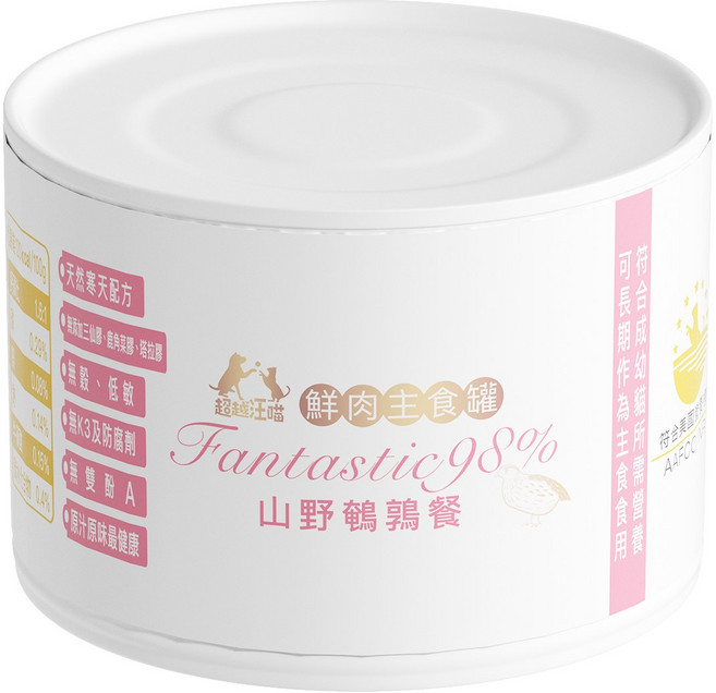 超越汪喵 Fantastic 98% 貓咪主食罐 天然養成配方 無穀 低敏, 165g, 1個, 山野鵪鶉餐