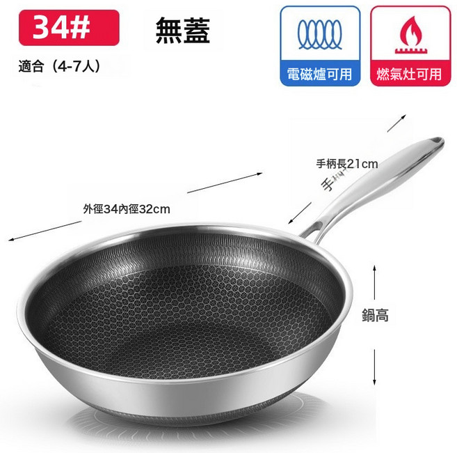 HYLSS 316L不鏽鋼炒鍋 雙面蜂窩平底鍋 電磁爐通用 廚房炒菜, 1個, 34CM無耳無蓋316雙面屏炒鍋+蒸籠:如圖