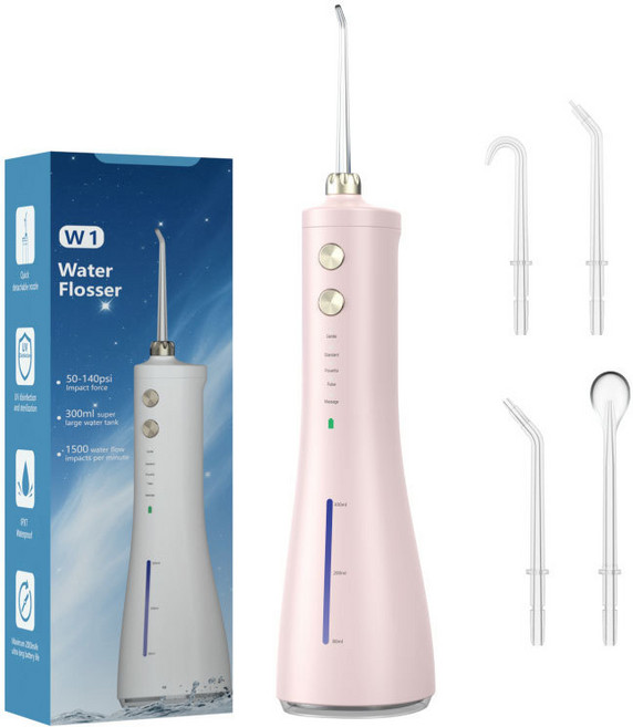 W1 水牙線 便攜式衝牙器 50-140psi 壓力, 1pcs, 粉色高配款