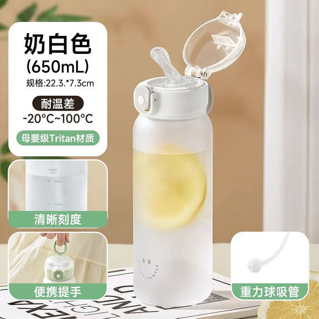 Tritan 吸管杯 650ml 附重力球 孕婦兒童適用, 1套, 白色 帶重力球