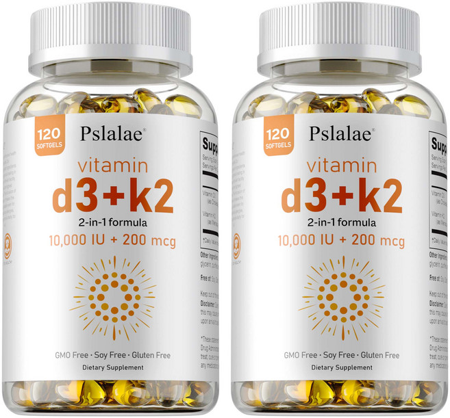 Pslalae 維他命 D3+K2 10000 IU + 200 mcg 2合1配方 膳食補充劑, 240組