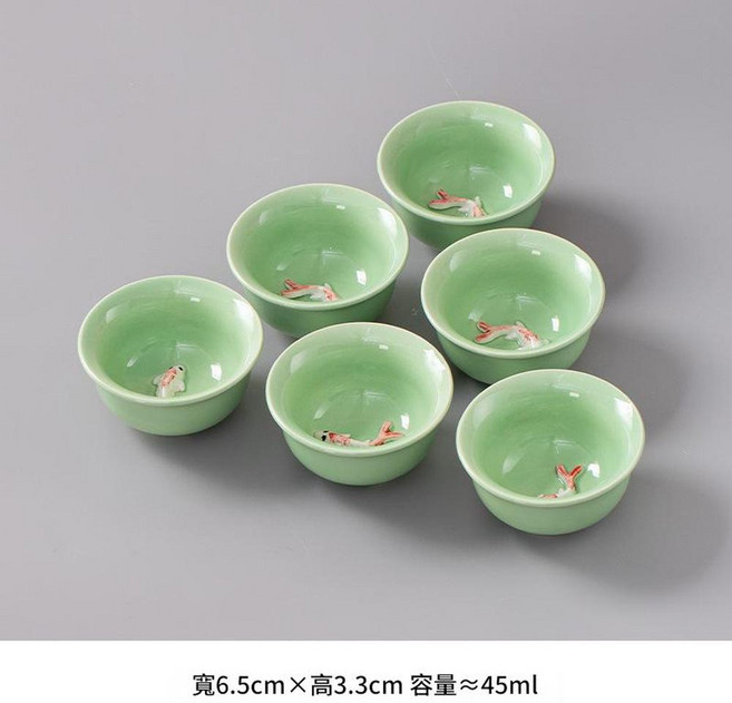 青瓷功夫茶杯 6入家用 茶具, 青瓷魚杯6個裝, 1個