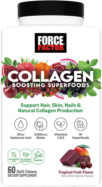 Force Factor 膠原蛋白增強超級食物熱帶水果風味軟嚼錠, 1個, 60錠