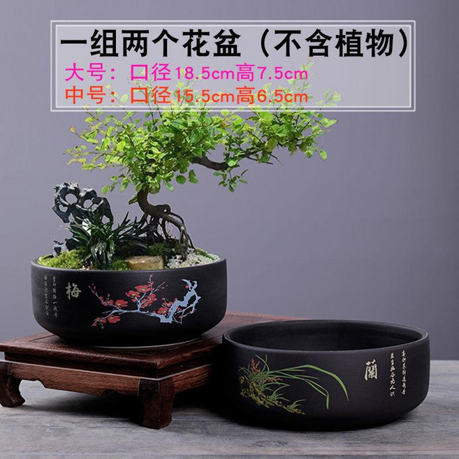 新中式陶瓷盆景盆 桌面多肉盆栽 透氣紫砂釉 中號, 1個, 盆栽盆(梅+蘭)兩個,中號