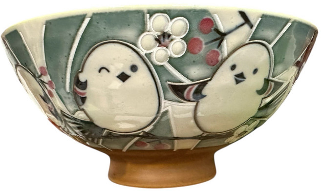 日本製 陶瓷碗 描繪鳥花圖案, 1個, 綠梅鳥紋。日本和風5.5吋陶瓷碗 直徑14公分 高6.5公分