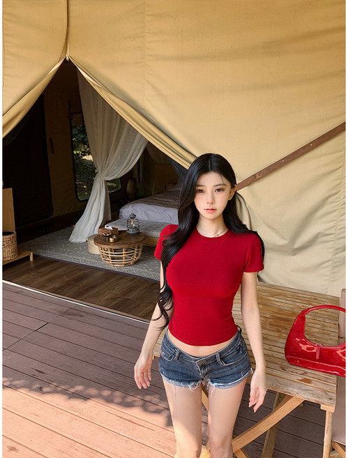 正肩t恤時髦涼感短袖女辣妹短款打底衫, XXL