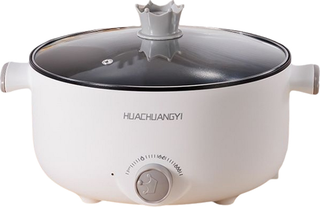 HUACHUANGYI 多功能電煮鍋 智能款 學生宿舍電火鍋不粘電炒鍋 蒸煮燉涮炒炸, 26cm輕奢白 110V旋鈕單層