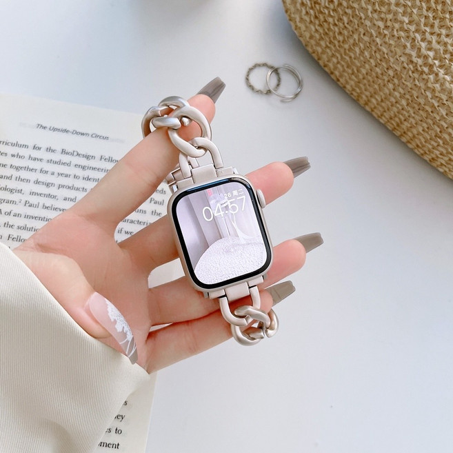 不鏽鋼金屬錶帶 適用於 Apple Watch 10 9 8 7 SE, 牛仔單排鏈-星光色-送調表器,49/46/45/44/42mm通用, 1個