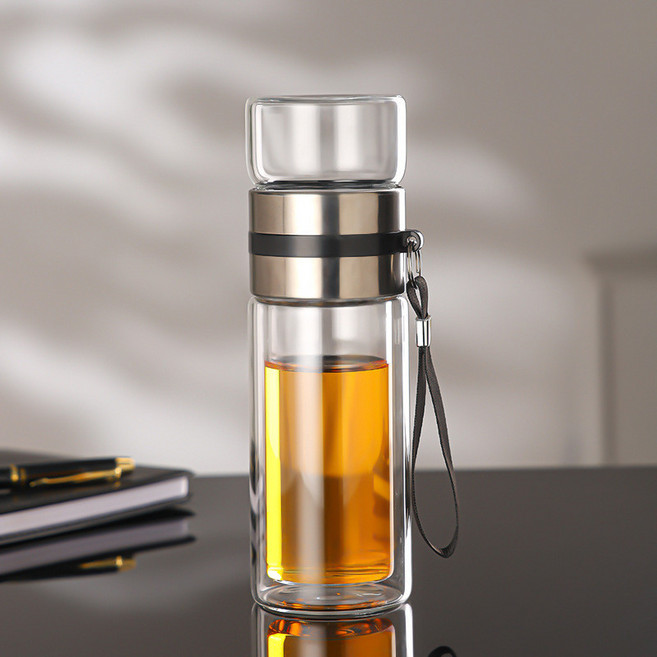 大容量便攜加厚玻璃水杯茶水分離帶濾網飲品泡茶杯子, 鋼本色, 1個, 350ml