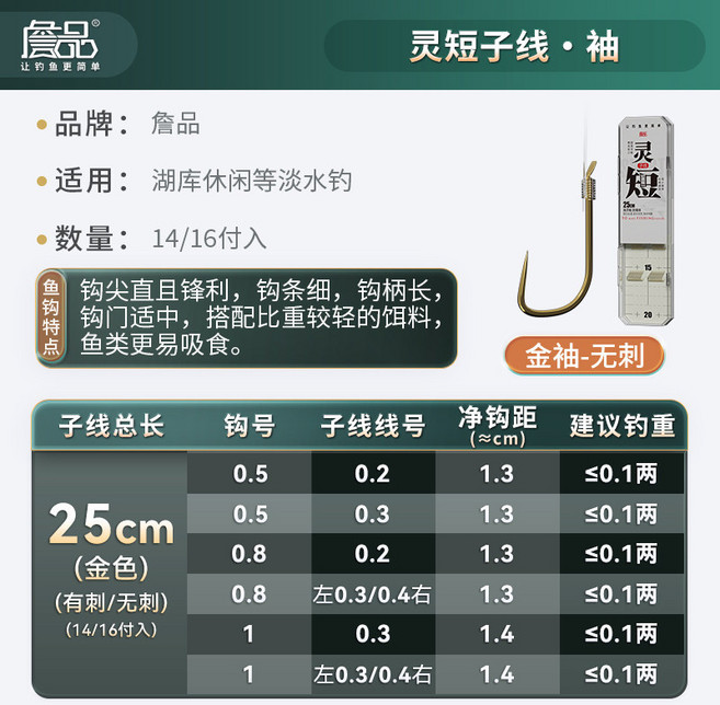 詹品 靈短子線 金袖雙鉤, 詹品25cm靈短金袖無刺1.0 0.3 / 0.4 線, 1個