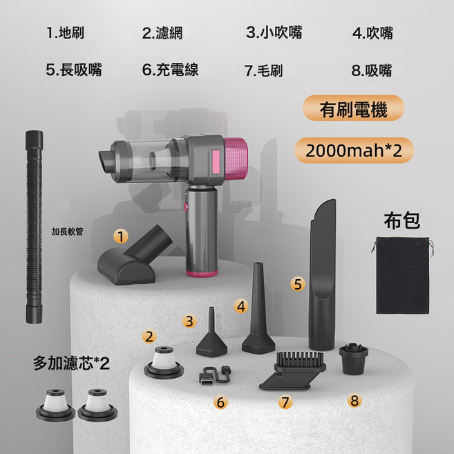 寵物吸毛車用吸塵器 寵物適用 大吸力 無線充電 手持輕巧 吹吸兩用, 3103-B-豪華款-有刷電機(2000mah*2)-灰色, 無規格